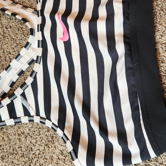 Nike | Black White Stripped Sports Bra w/ Pink Swoosh & Racerback - Picture 4 of 8